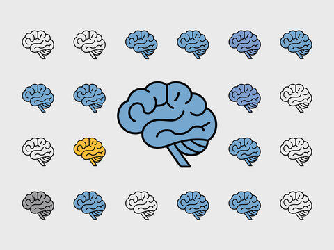 Vector Illustration of Large Blue Central Human Brain Surrounded by Small Brains in Different Colors on Light Background &ndash; Artificial Intelligence and Cognitive Concept