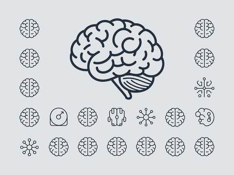 Vector Line Art Illustration of Large Central Human Brain with Neural Details Surrounded by Small Brain Icons and Technology Symbols in Minimalist Black Style on Light Gray Background