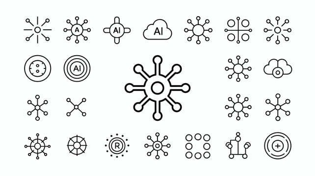 Vector Line Art Set of Artificial Intelligence and Neural Network Icons with Large Central AI Hub Symbol Surrounded by Abstract Tech, Neural and Circuit Elements in Minimalist Black Style