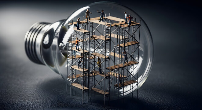Intricate teamwork and innovative development Miniature workers collaborate on scaffolding within a symbolic light bulb, representing the construction of bright ideas and strategic solutions