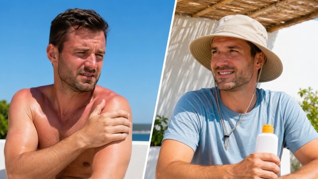 Sunburned skin versus sun protection with hat shade and sunscreen
