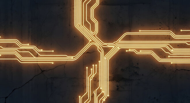 Futuristic glowing circuit board patterns against a dark, textured background, representing advanced technology and digital networks
