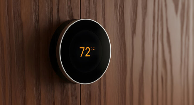 Smart home thermostat displaying a comfortable 72 degrees Fahrenheit on a wooden wall, symbolizing energy efficiency and modern living