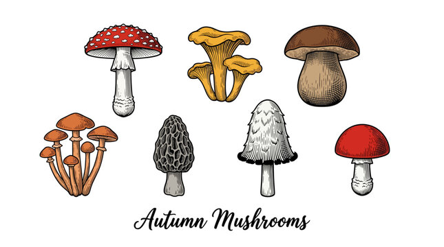 Set of Hand Drawn Vintage Autumn Mushrooms Including Amanita Muscaria, Porcini, Chanterelles, and Morels. Detailed Botanical Vector Illustration in Engraving Style on White Background.