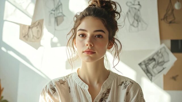 Young woman with eyes closed, sunlight, sketches on wall. Calm, relaxed expression, wearing patterned blouse