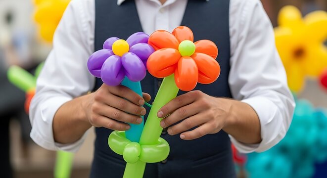 Balloon Artist Creates Colorful Flower Sculptures for Event Entertainment.