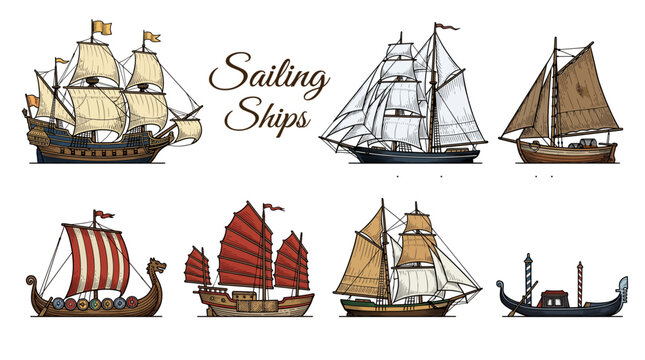 Set of Vintage Sailing Ships Illustrations Including Spanish Galleon, Clipper, Viking Longship, Chinese Junk, Brigantine, Sloop, and Gondola