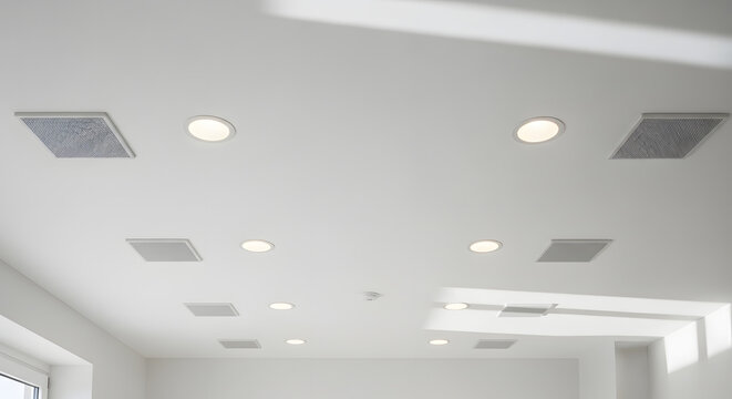 Sleek and minimalist white ceiling featuring an array of modern recessed LED lights and discreet integrated speaker grilles for a contemporary interior design