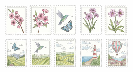 Vintage Stamp Collection: Nature, Travel, and Landscapes © bayu