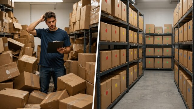 Chaotic inventory versus color-coded warehouse sorting for faster stock control