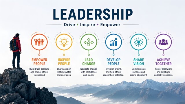 Strategic leadership timeline and core principles presentation with a male hiker standing on a mountain peak emphasizing business empowerment and vision
