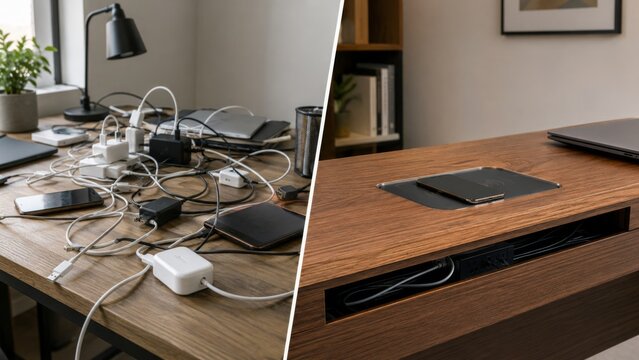 Desk cable charging versus built-in wireless charging zone