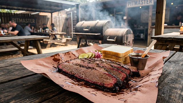 Smoked beef brisket sliced with visible smoke ring on butcher paper, rustic Texas barbecue setting with wooden table and soft smoke.
