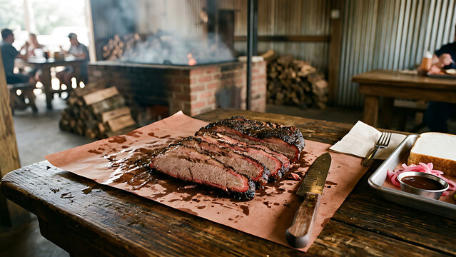 Smoked beef brisket sliced with visible smoke ring on butcher paper, rustic Texas barbecue setting with wooden table and soft smoke.
