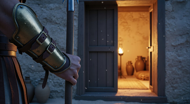 Close-up of a soldier's arm wearing a bronze bracer and gripping a spear. Ancient guard standing outside an open doorway with warm interior lamplight