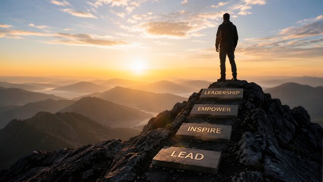 Motivational business concept of a male executive standing on a mountain summit above engraved stone steps showing the leadership path to success