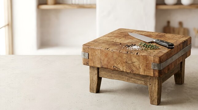 Rustic wooden butcher block with chef knife in kitchen.