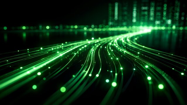Abstract green fiber optic cables transmitting high speed digital data streams toward a futuristic cyber city background.