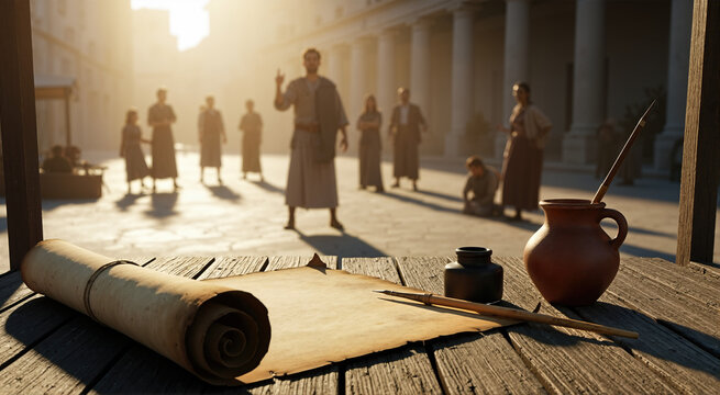 Blank parchment scroll and quill on a wooden table. Ancient marketplace with a man teaching a crowd in warm sunlight. Historical biblical scene with copy space