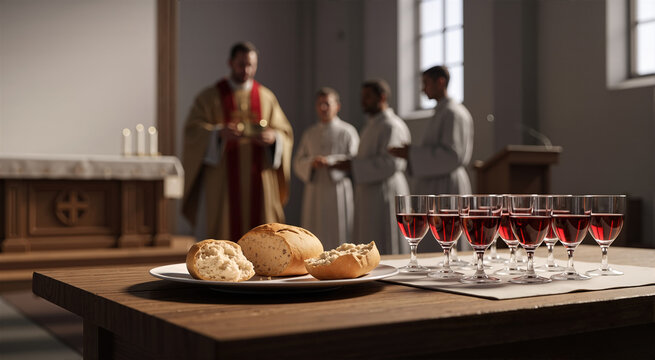 Broken bread and small cups of red wine on a wooden table. Priest and altar servers in a blurred church background. Christian communion and Lord's Supper concept