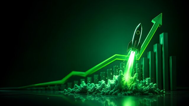 Silver rocket launching over a rising green financial chart. Strategic concept for fast business growth and eco-friendly startup success.