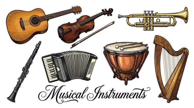 Set of Classical and Orchestral Musical Instruments Isolated on White, Hand Drawn Vector Illustration of Guitar, Violin, Trumpet, Clarinet, Accordion, Timpani, and Harp