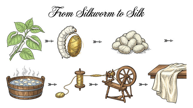 Traditional Silk Production Process Infographic from Silkworm to Fabric Vector Illustration
