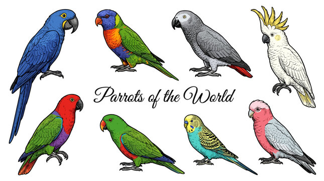 Parrots of the World Collection: Hand-Drawn Vector Set of Exotic Tropical Birds including Hyacinth Macaw, Rainbow Lorikeet, African Grey, Cockatoo, Eclectus, and Budgerigar