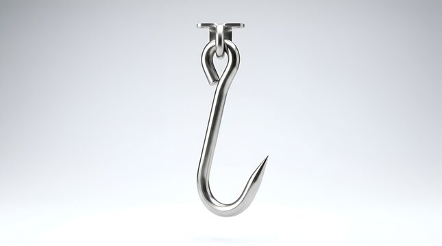 Silver metal butcher meat hook hanging on white background.