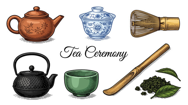 Tea Ceremony Traditional Equipment Set with Teapots, Gaiwan, Matcha Whisk, and Bamboo Scoop, Vintage Engraving Vector Illustration