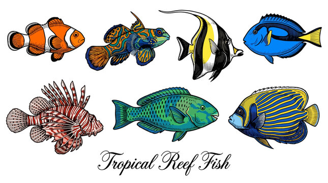 Hand Drawn Tropical Reef Fish Collection, Colorful Exotic Saltwater Fish Vector Set with Clownfish, Blue Tang, Lionfish, and Mandarin Fish
