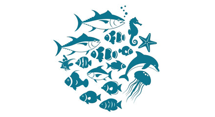 Blue ocean sea creatures silhouette group. © Ahmad