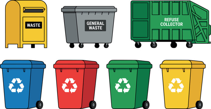 Waste Sorting and Garbage Bin Icon Set with Color Coded Recycling Containers, Dumpster, and Refuse Collector for Environmental Management Designs