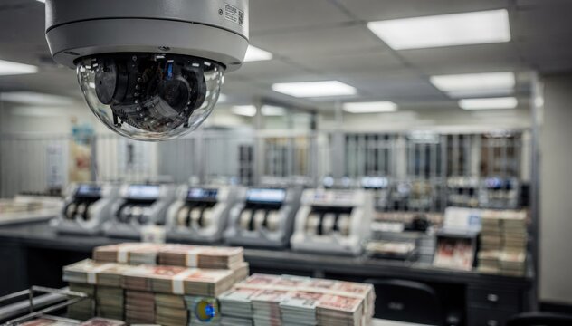 Medium shot showing a surveillance camera clearly in focus monitoring the cash cage with blurred cash counters and counting machines in the background.