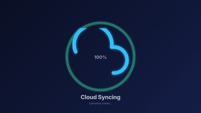 Cloud syncing animation displays 100 percent completion on screen
