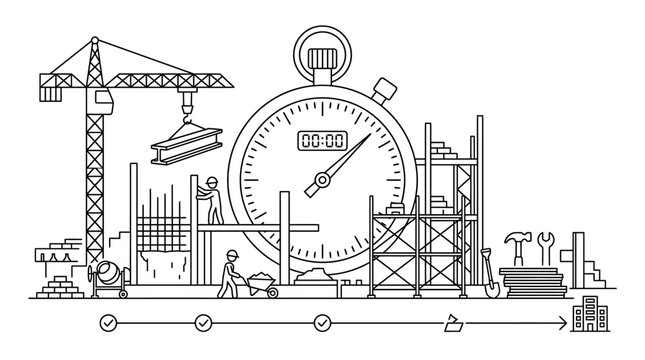 Construction Project Management and Timing Concept Illustration with Large Stopwatch, Workers, Scaffolding, and Progress Bar for Planning and Efficiency