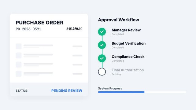 Financial audit loading screen displays purchase order with pending review status
