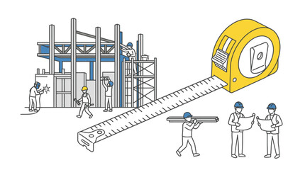 Obraz premium Construction Site Illustration with Giant Measuring Tape and Workers Building Structure