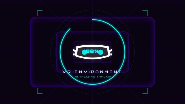 A futuristic knowledge graph loading animation plays on a screen in a virtual environment.