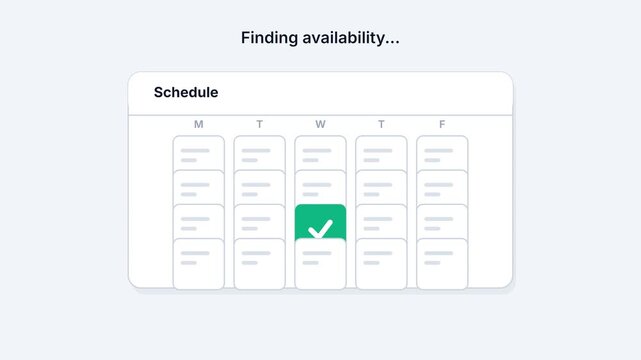 A screenshot shows a calendar schedule with a green checkmark on a loading animation