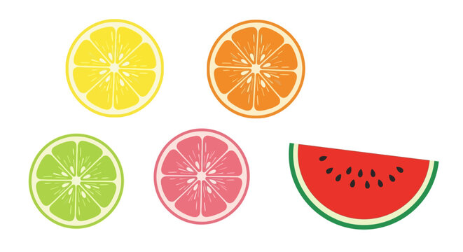 Colorful fruit slices on white background.