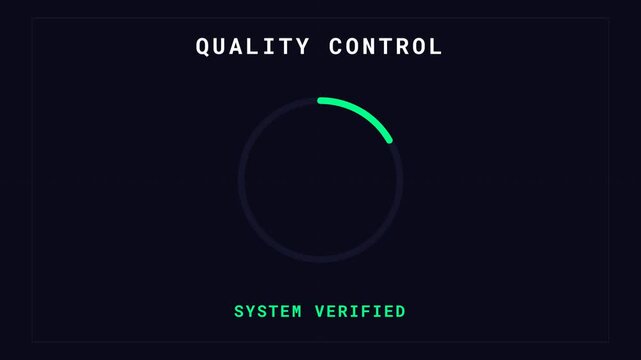 A quality control interface displays a loading animation with system verified status on a screen.