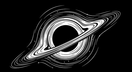 Abstract black hole with accretion disk in white on black background © niamul