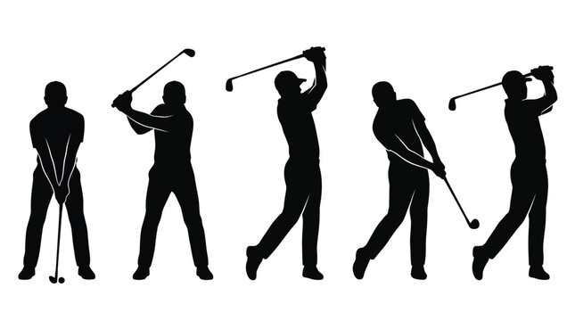 Five black silhouettes of a golfer in various stages of a professional golf swing motion