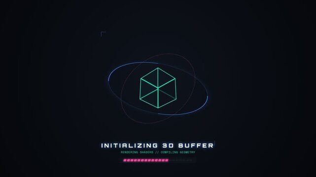 A futuristic interface loads a 3D buffer with a rotating cube graphic.