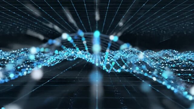 Abstract Blue Digital Network Grid with Glowing Particles Flowing.