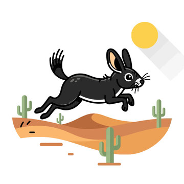 Black jackrabbit running across desert landscape with cacti and sun