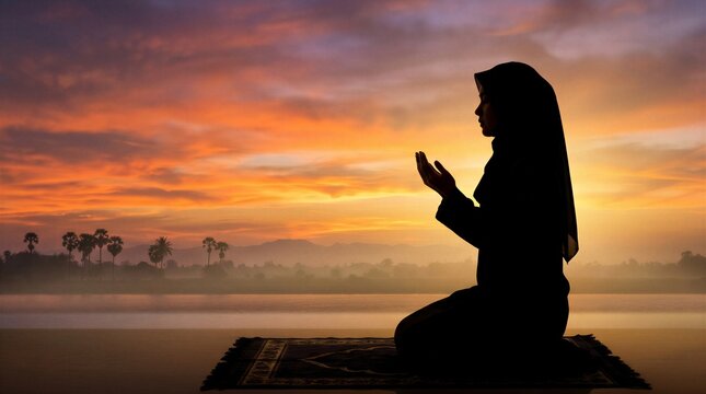 Silhouette of a Muslim woman in hijab performing prayer and supplication during a peaceful sunset overlooking a misty landscape with palm trees.