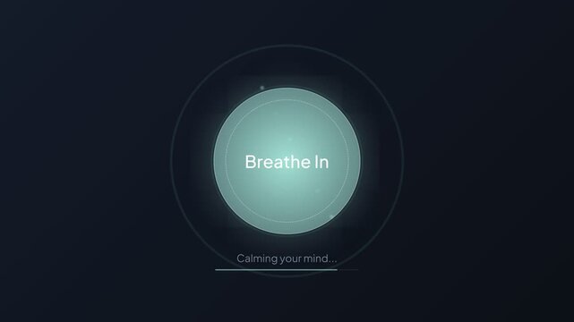 A calming animation of a glowing circle displays the words Breathe In on a dark background with a peaceful message