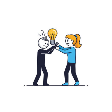 Concept of Intellectual Property Theft and Plagiarism: Woman Stealing Creative Idea from Man's Head Flat Vector Illustration
